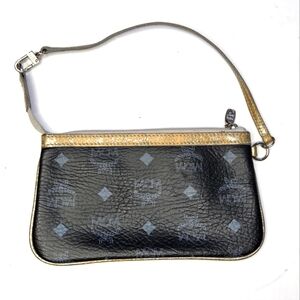 MCM Authentic Black Monogram Leather Wristlet Clutch with Gold Trim